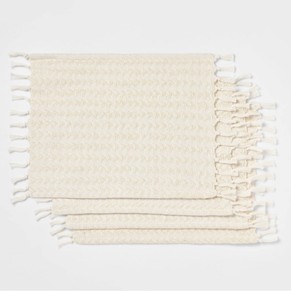 NWT 4-PK Cotton Metallic Placemats, White- Tasseled by Threshold